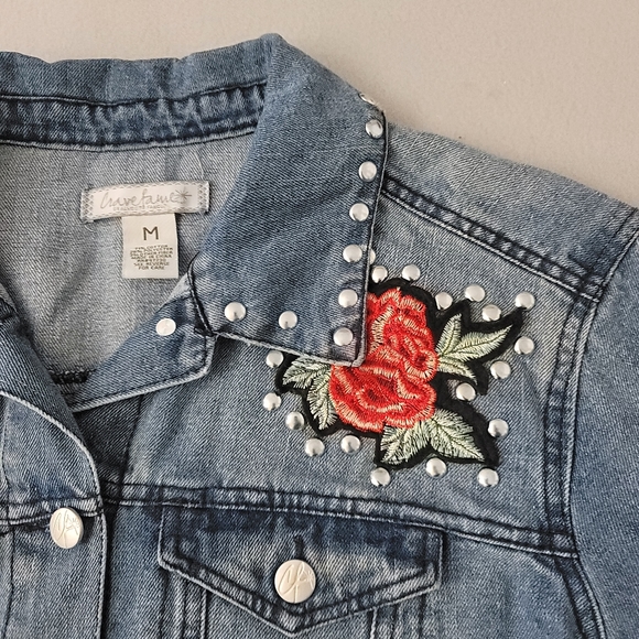 Crave Fame Womens Jean Jacket Blue Buttons Pockets Collar Embellished Studded M - Picture 4 of 10